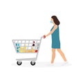 Young Woman Masked Pushing Shopping Cart With Groceries